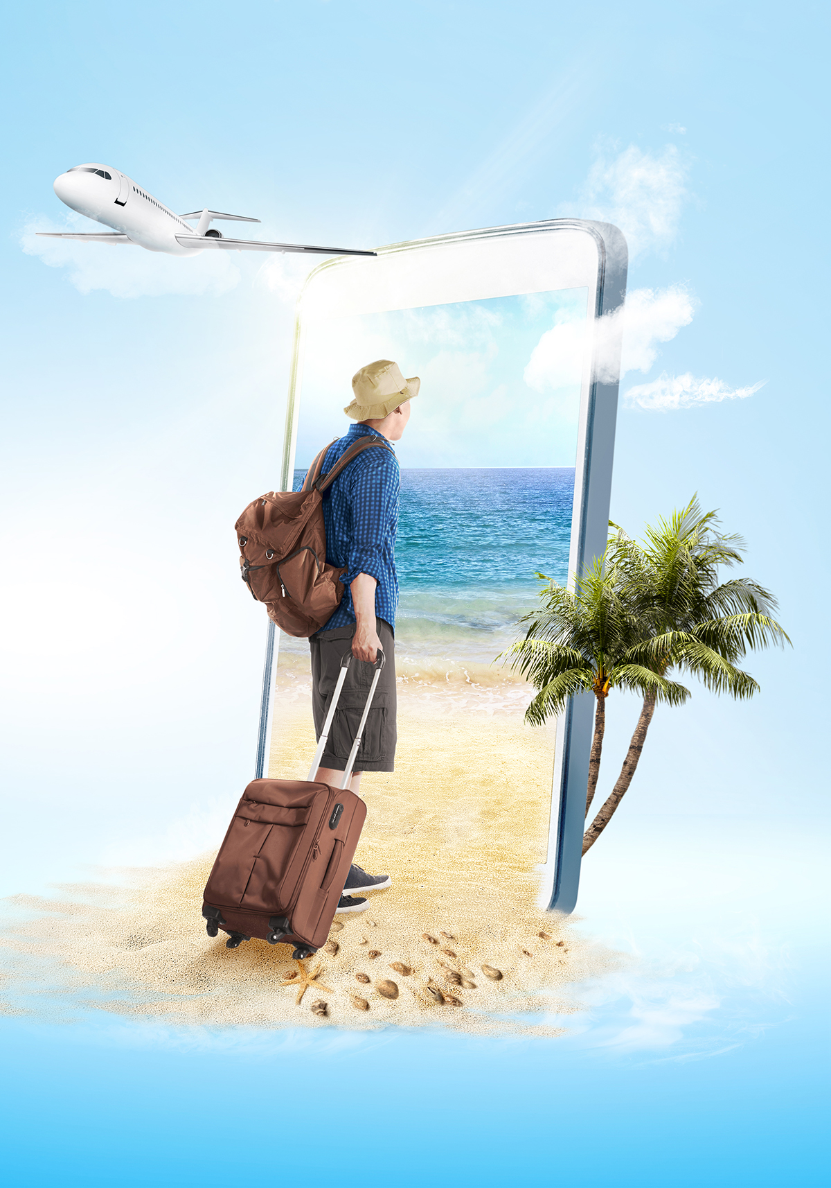 Rear view of asian man in hat with suitcase bag and backpack wal